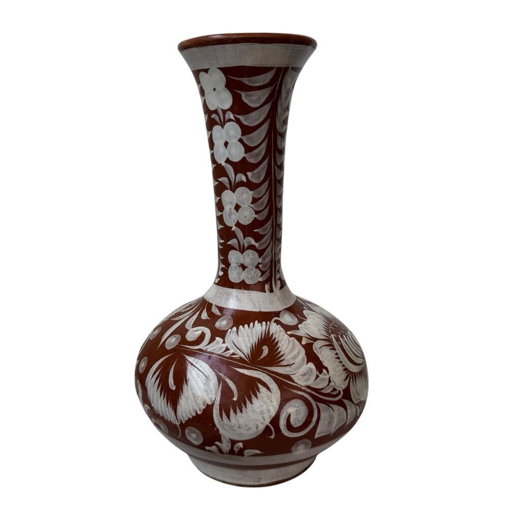 Mexican Pottery Bottleneck 9.5” Vase Floral Hand Painted Bohemian Signed R.C. - Picture 2 of 9